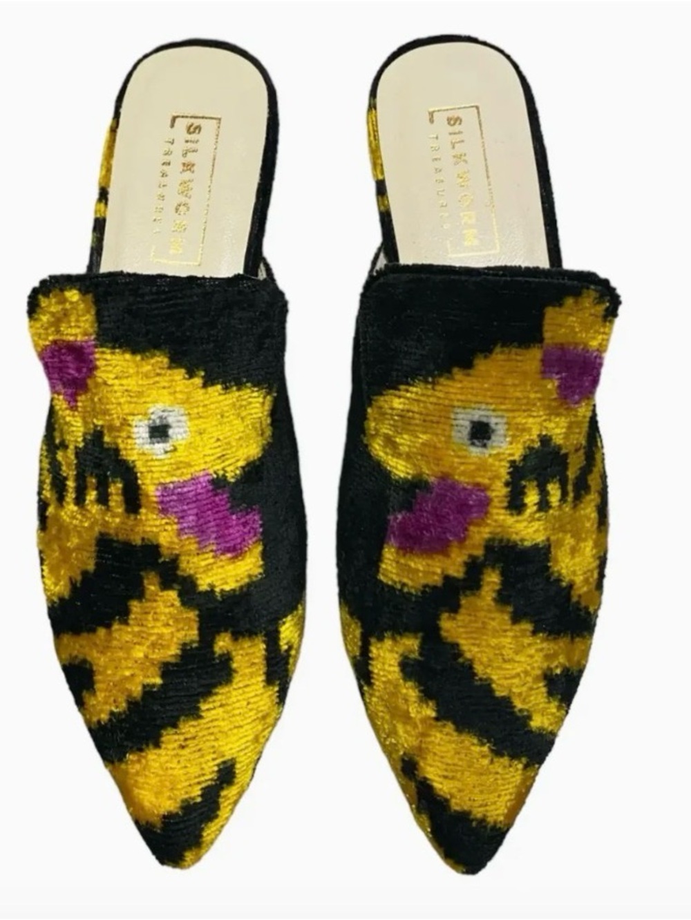 Ayca DesignYellow & Black Ikat Pointed Mule Cat Face NEW